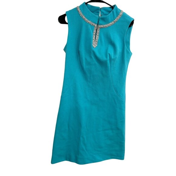 Vintage Sleeveless Turquoise Dress Rhinestone Collar Back Zipper Closure - Picture 1 of 7